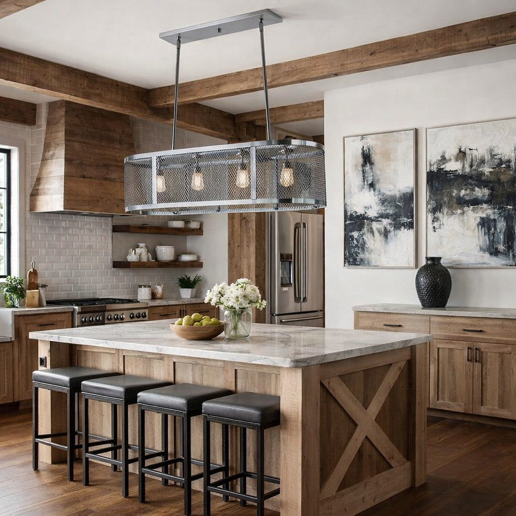 Rustic kitchen with Mist 4 Light Linear Chandelier with Metal Mesh Shade