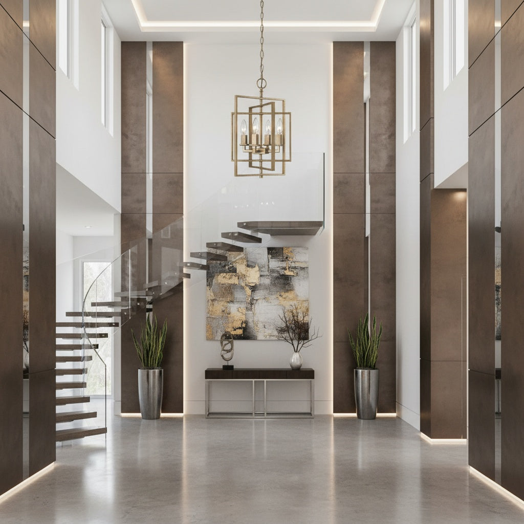 Modern interior design of a hallway with El Capitan chandelier by TransGlobe, artwork, and potted plants.