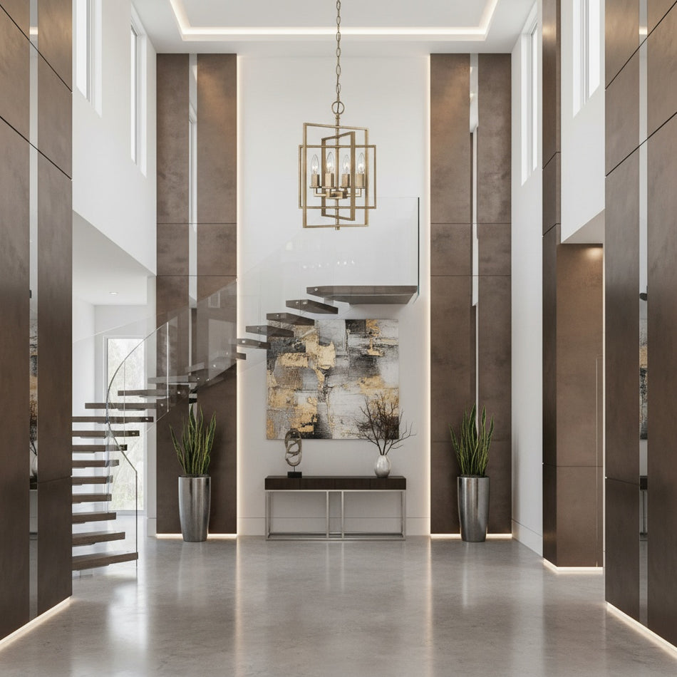 Modern interior design of a hallway with El Capitan chandelier by TransGlobe, artwork, and potted plants.
