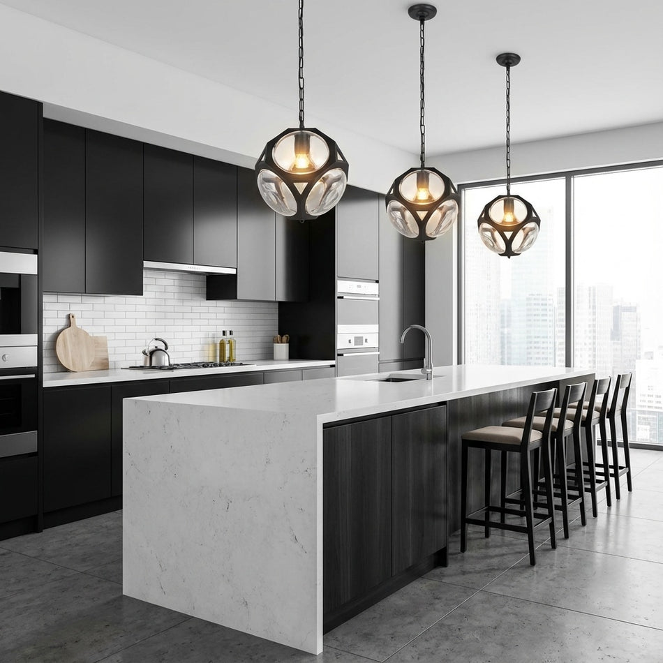 Vega 1 light in Flat Black Pendant by Elegant in modern kitchen with black cabinets, white countertops, and pendant lights.