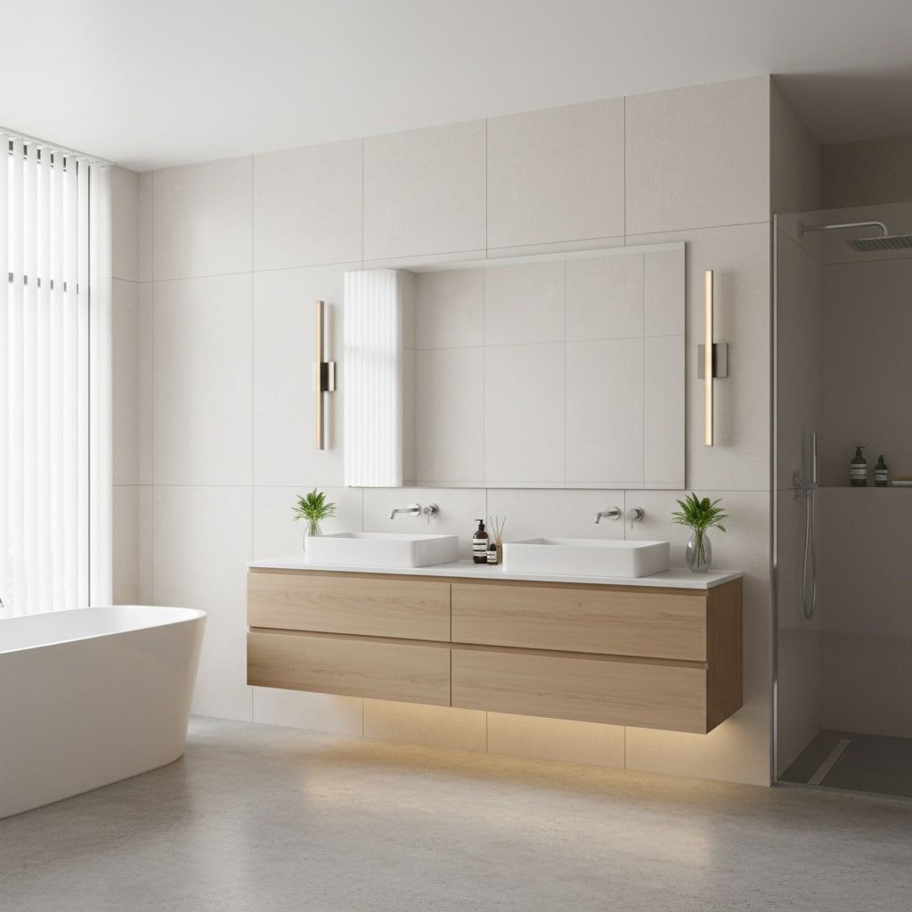 Modern bathroom with nickel LED LINEAR 24' Bathroom Vanity Light by TransGlobe