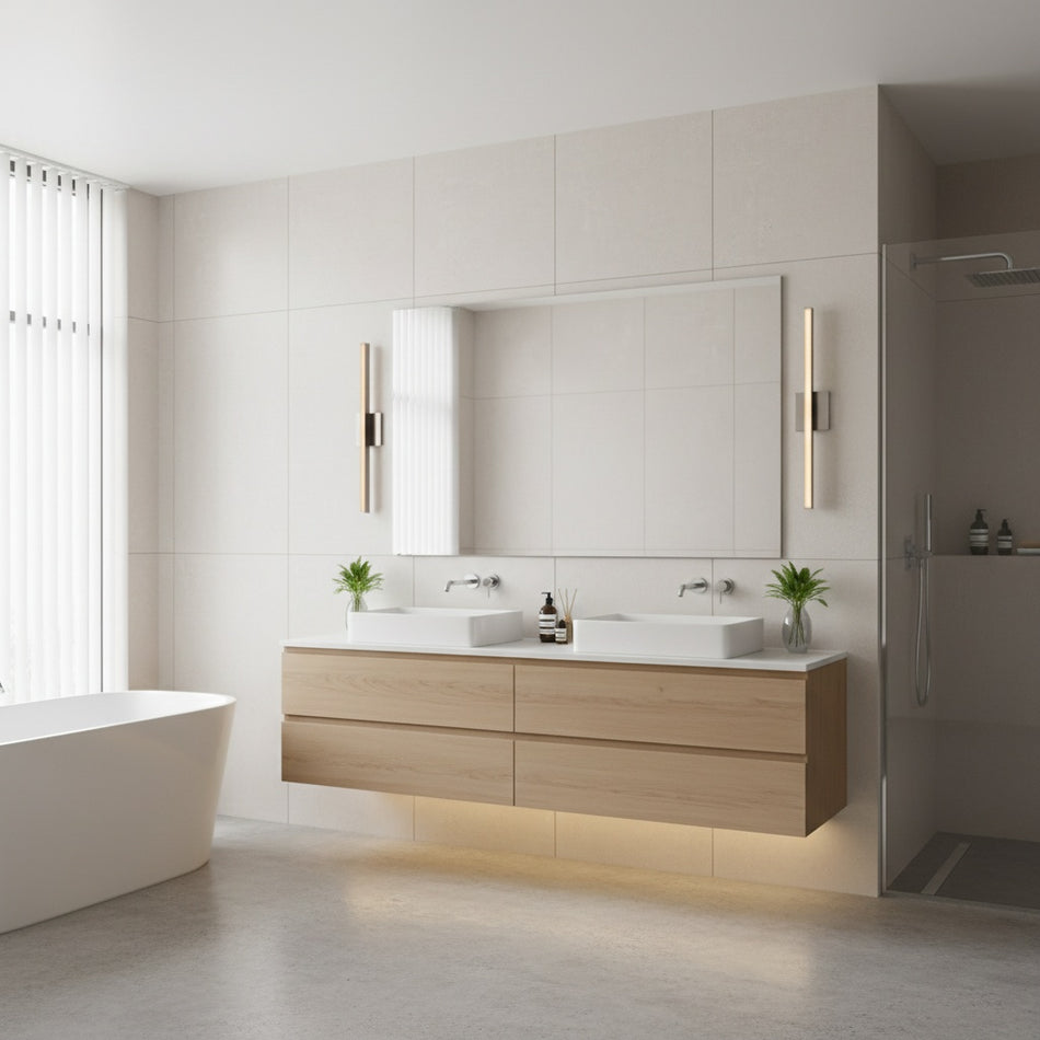 Modern bathroom with nickel LED LINEAR 24' Bathroom Vanity Light by TransGlobe