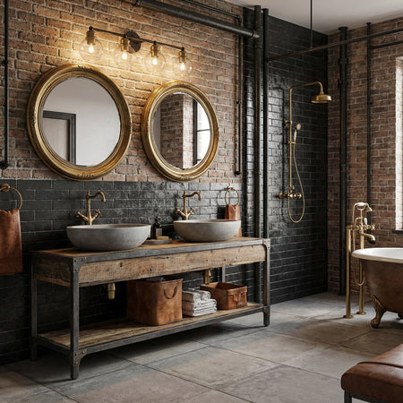 Rustic bathroom with brick walls, Polverini vanity light and round mirrors.