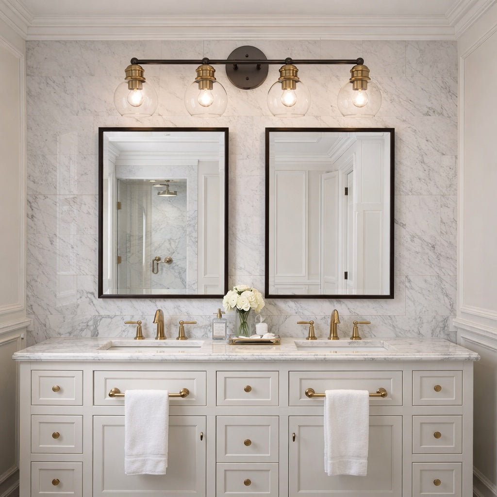 Modern bathroom vanity with double sink, mirrors, and Polverini vanity lighting fixture.