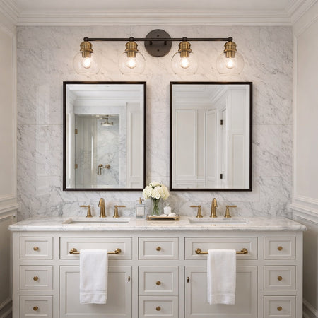 Modern bathroom vanity with double sink, mirrors, and Polverini vanity lighting fixture.