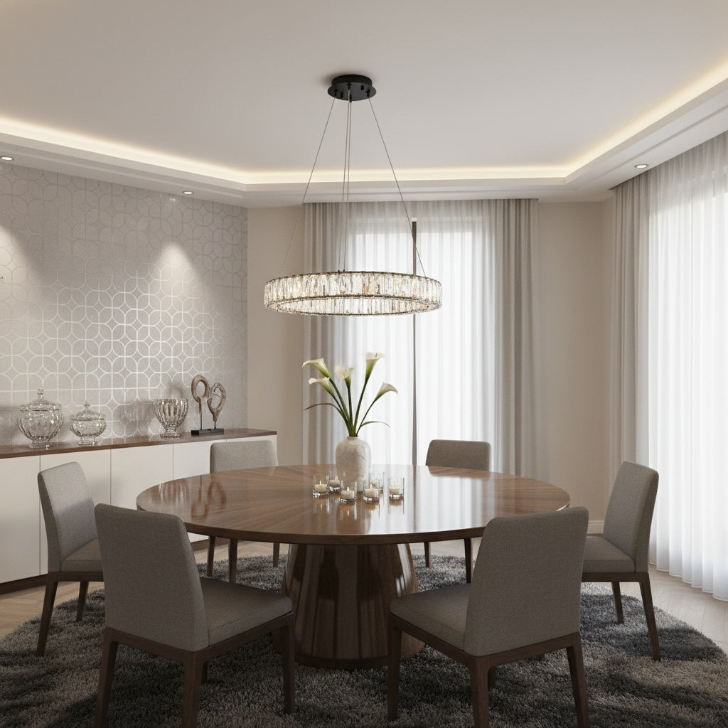 Dining room with a round wooden table and chairs, featuring a Monroe chandelier by Elegant.