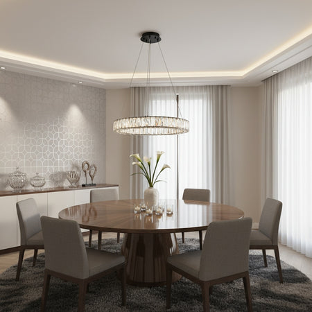 Dining room with a round wooden table and chairs, featuring a Monroe chandelier by Elegant.