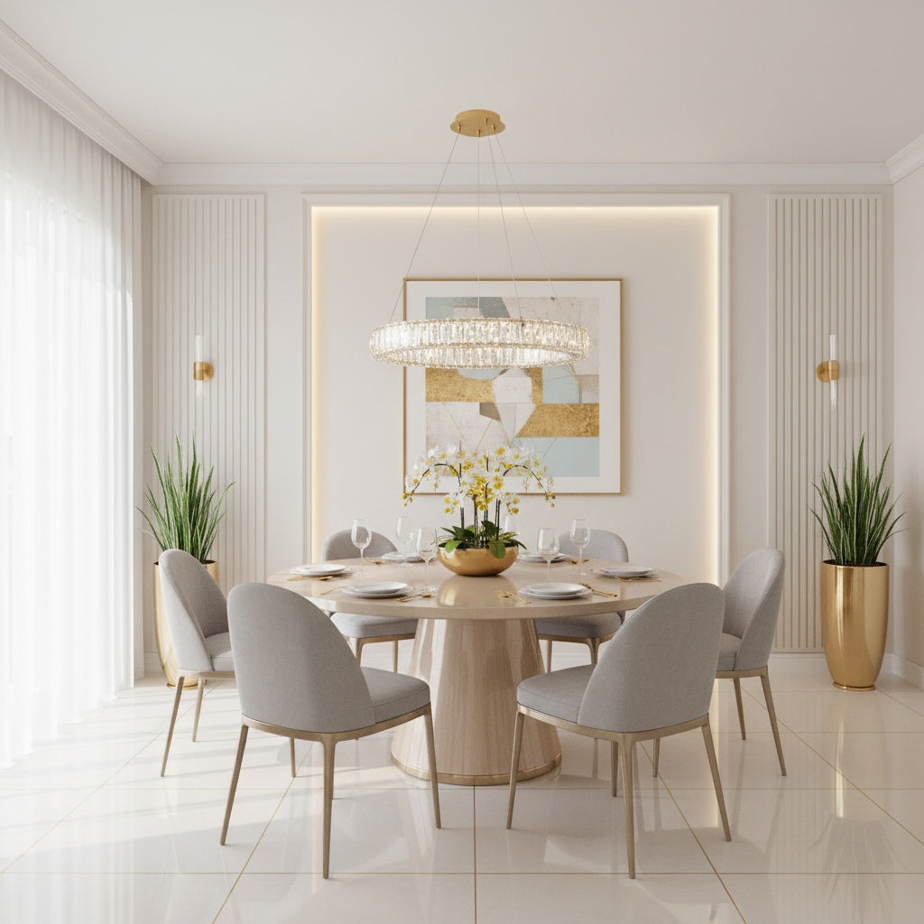 Modern dining room with a round table and chairs, decorative plants, and wall art and Monroe chandelier by Elegant