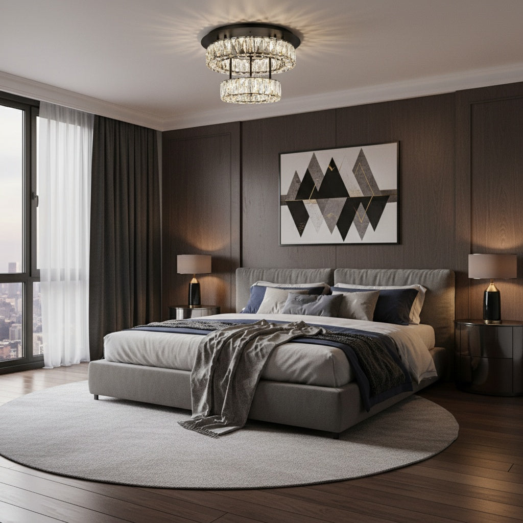 Modern bedroom with a large bed, decorative pillows, and Monroe flush mount by Elegant.