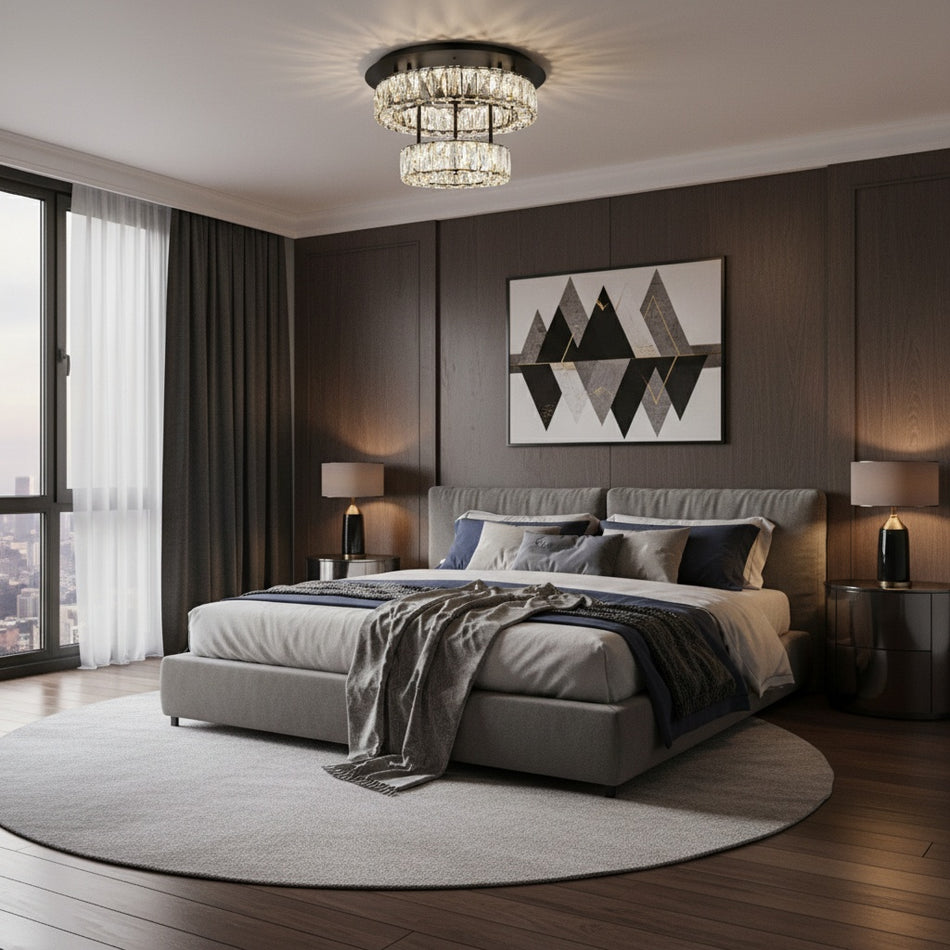 Modern bedroom with a large bed, decorative pillows, and Monroe flush mount by Elegant.