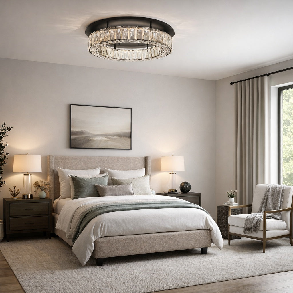 Modern bedroom with Monroe chandelier, bed, and side tables.