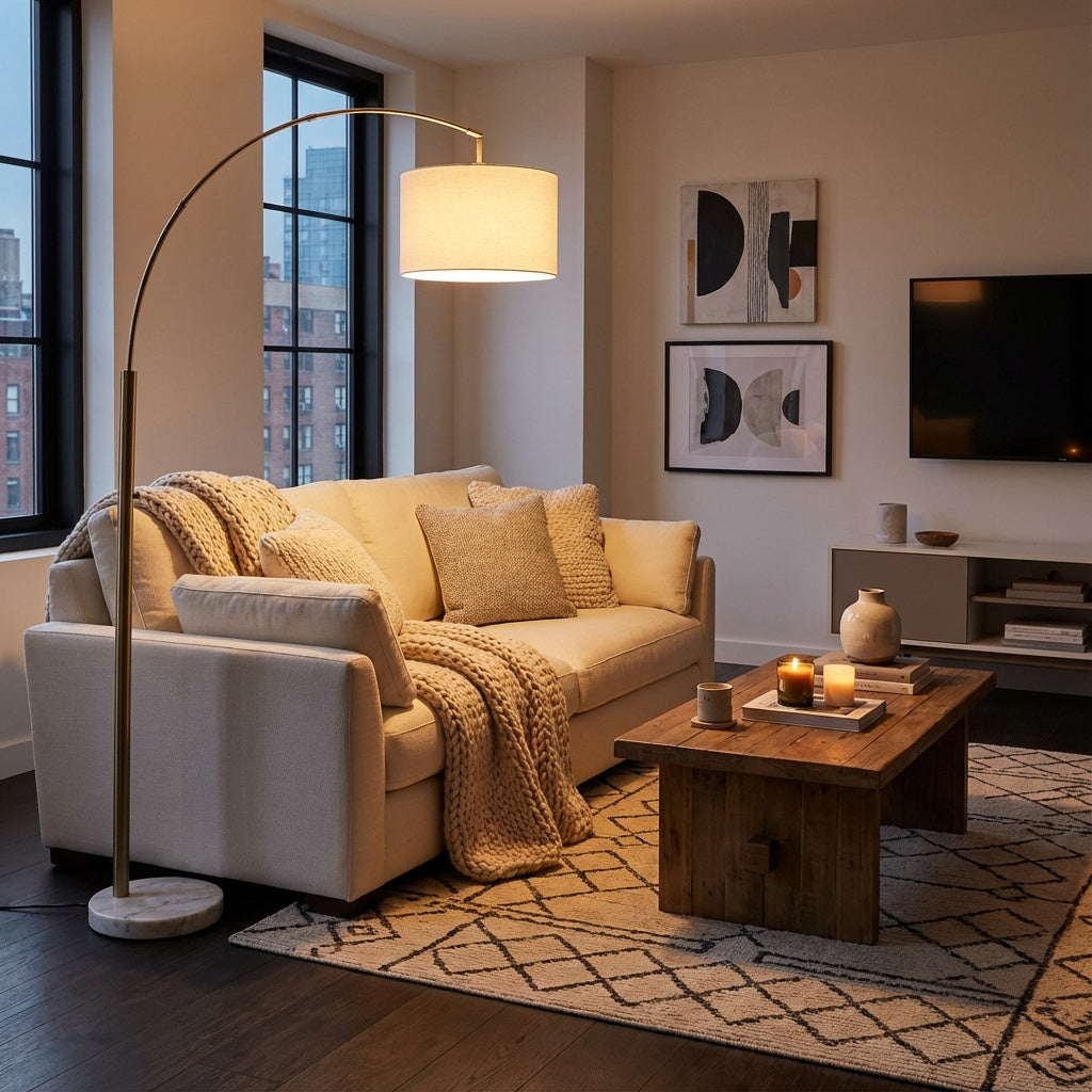 Stylish Bowery Arc lamp with adjustable fabric shade by AFJ - Adesso