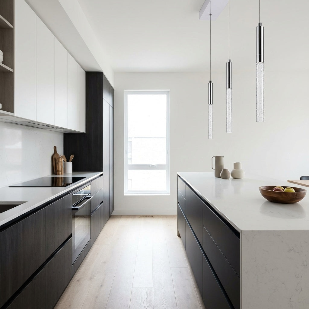 Modern kitchen with black and white cabinets, white countertops, and a window.