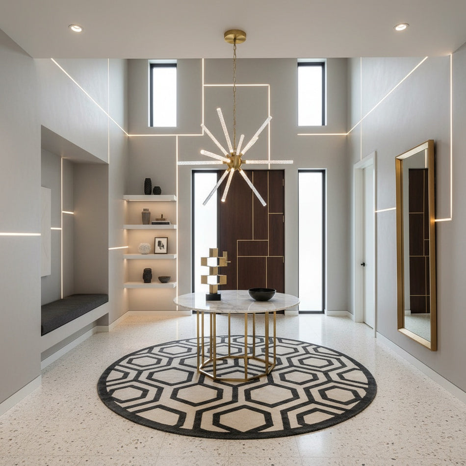 Modern interior design of a hallway with 5300D32G chandelier, table, and decorative elements.