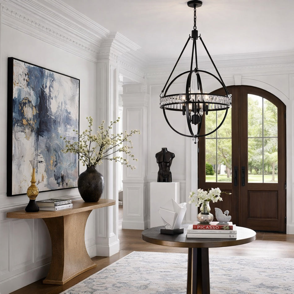 Modern interior with a Elan 4-Light Rubbed Oil Bronze Pendant by TransGlobe, artwork, and decorative items.