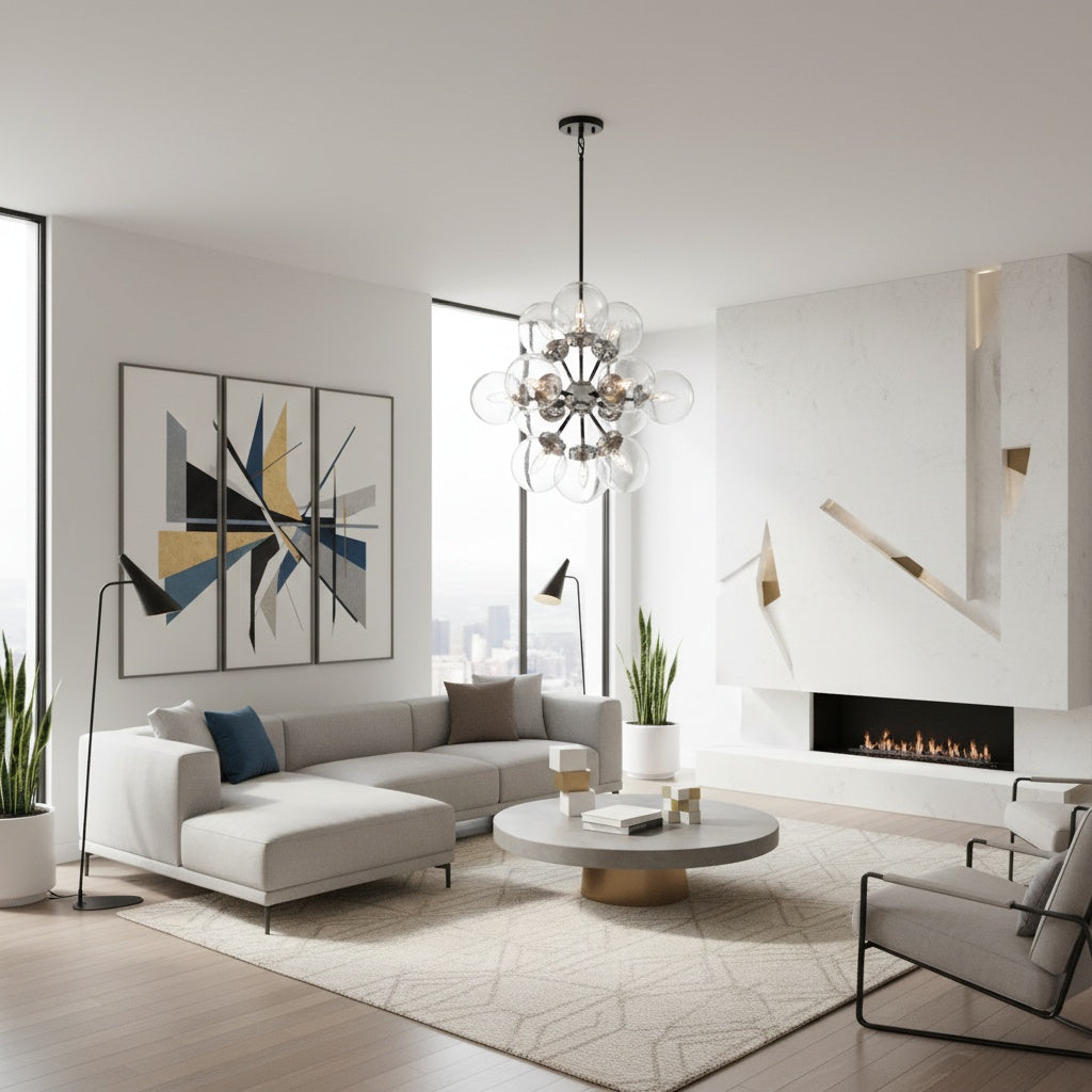 Modern living room with clear glass 12-Light Polished Chrome/Black Pendant by TransGlobe