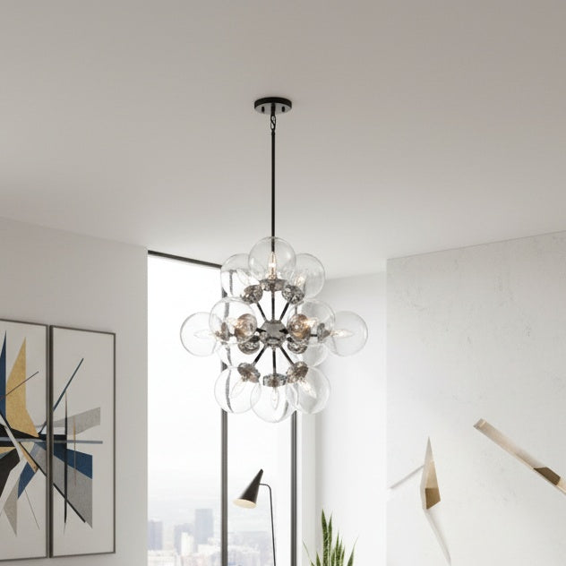 12-Light Polished Chrome/Black Pendant, clear glass