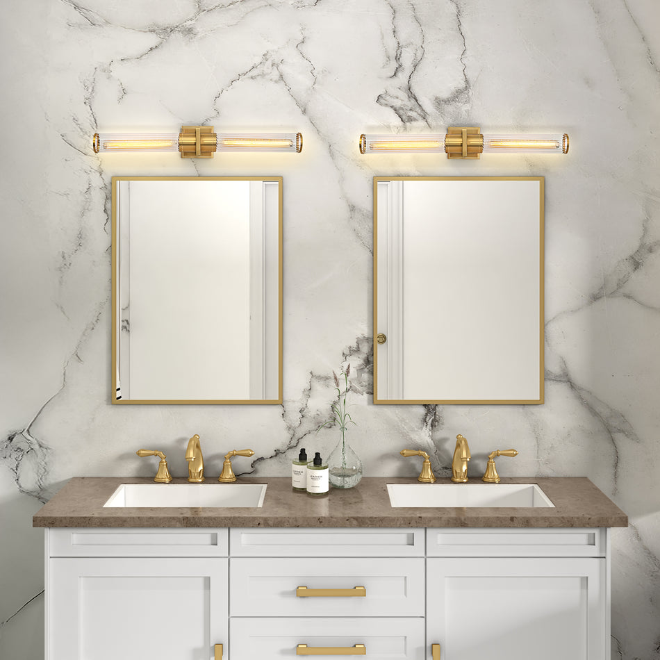 Positano - 2-Light Bathroom Vanity Light - Clear Glass/Satin Brass