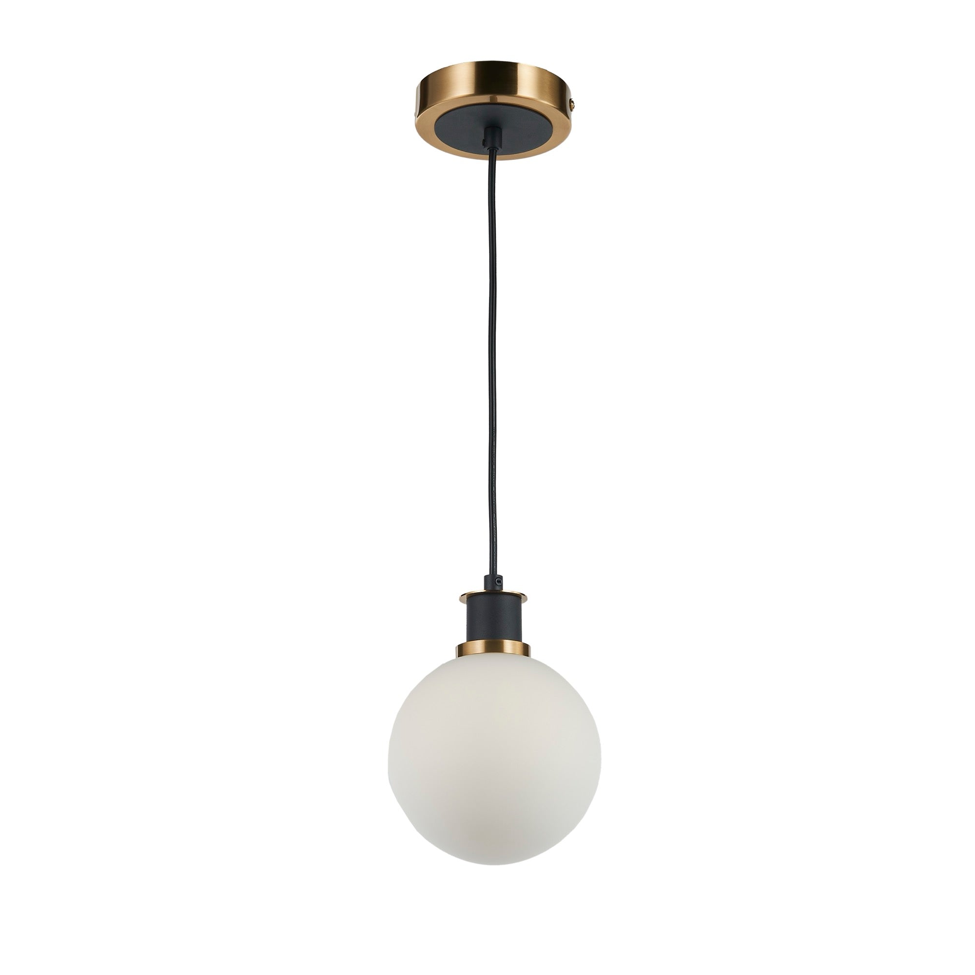 Gem Collection 1-Light Pendant with White Glass Black and Brushed Brass