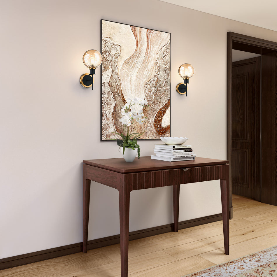 Gem Collection 1-Light Sconce with Amber Glass Black and Brushed Brass