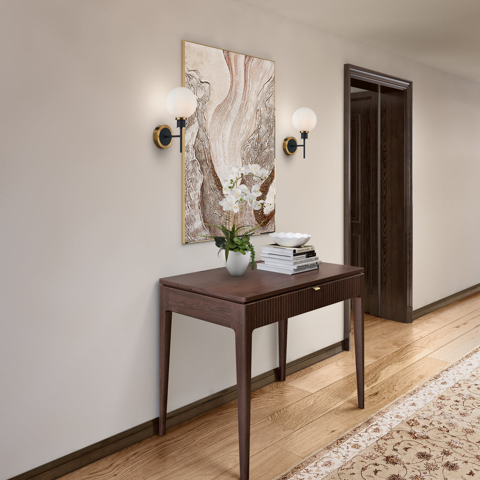 Gem Collection 1-Light Sconce with White Glass Black and Brushed Brass