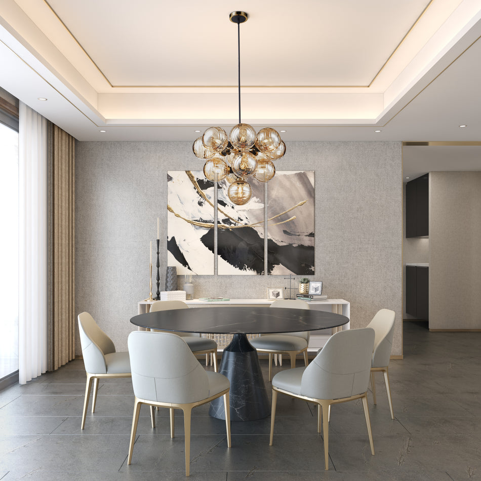 Gem Collection 13-Light Chandelier with Amber Glass Black and Brushed Brass