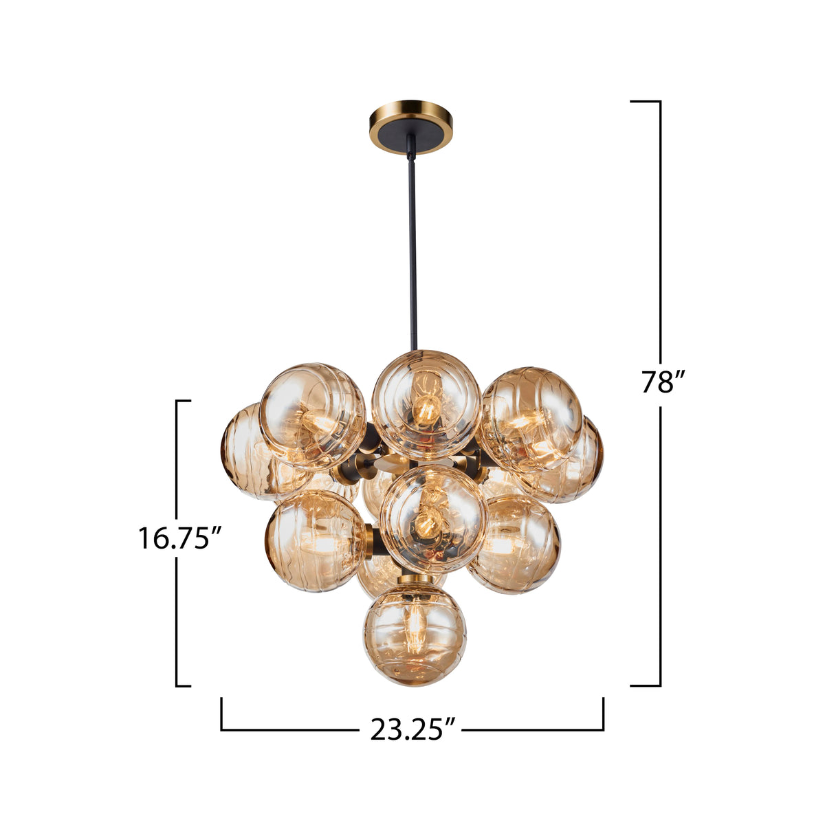 Gem Collection 13-Light Chandelier with Amber Glass Black and Brushed Brass