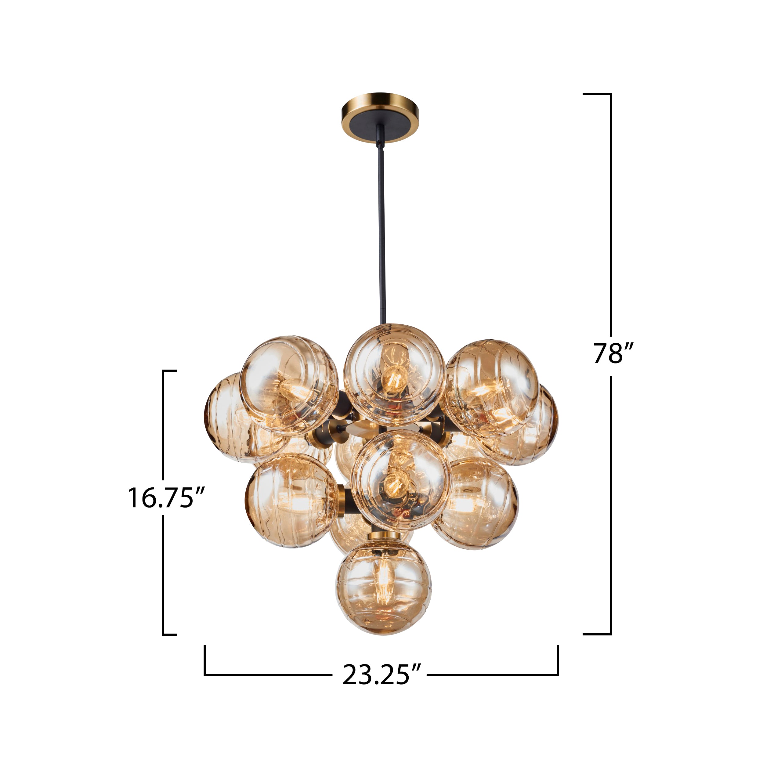 Gem Collection 13-Light Chandelier with Amber Glass Black and Brushed Brass