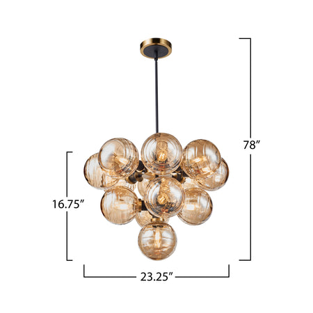Gem Collection 13-Light Chandelier with Amber Glass Black and Brushed Brass
