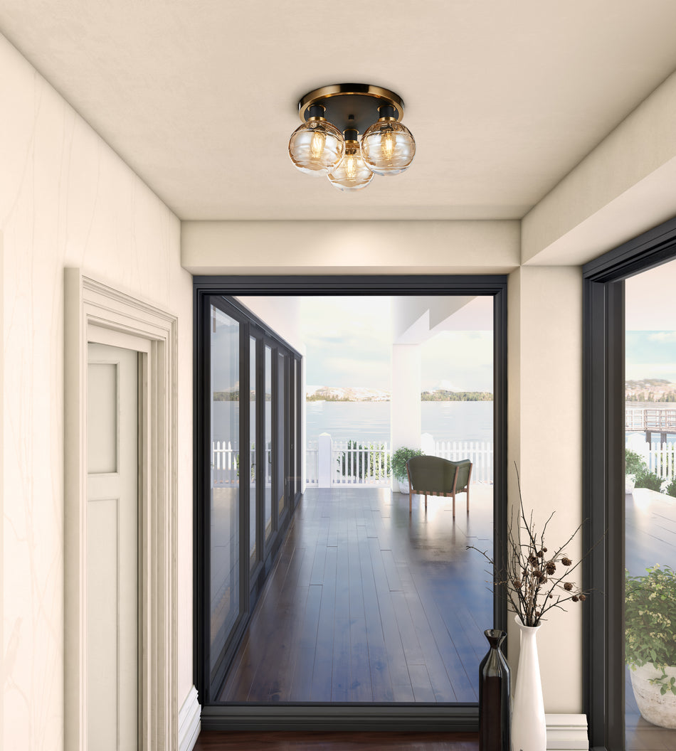 Gem Collection 3-Light Semi-Flush Mount with Amber Glass Black and Brushed Brass