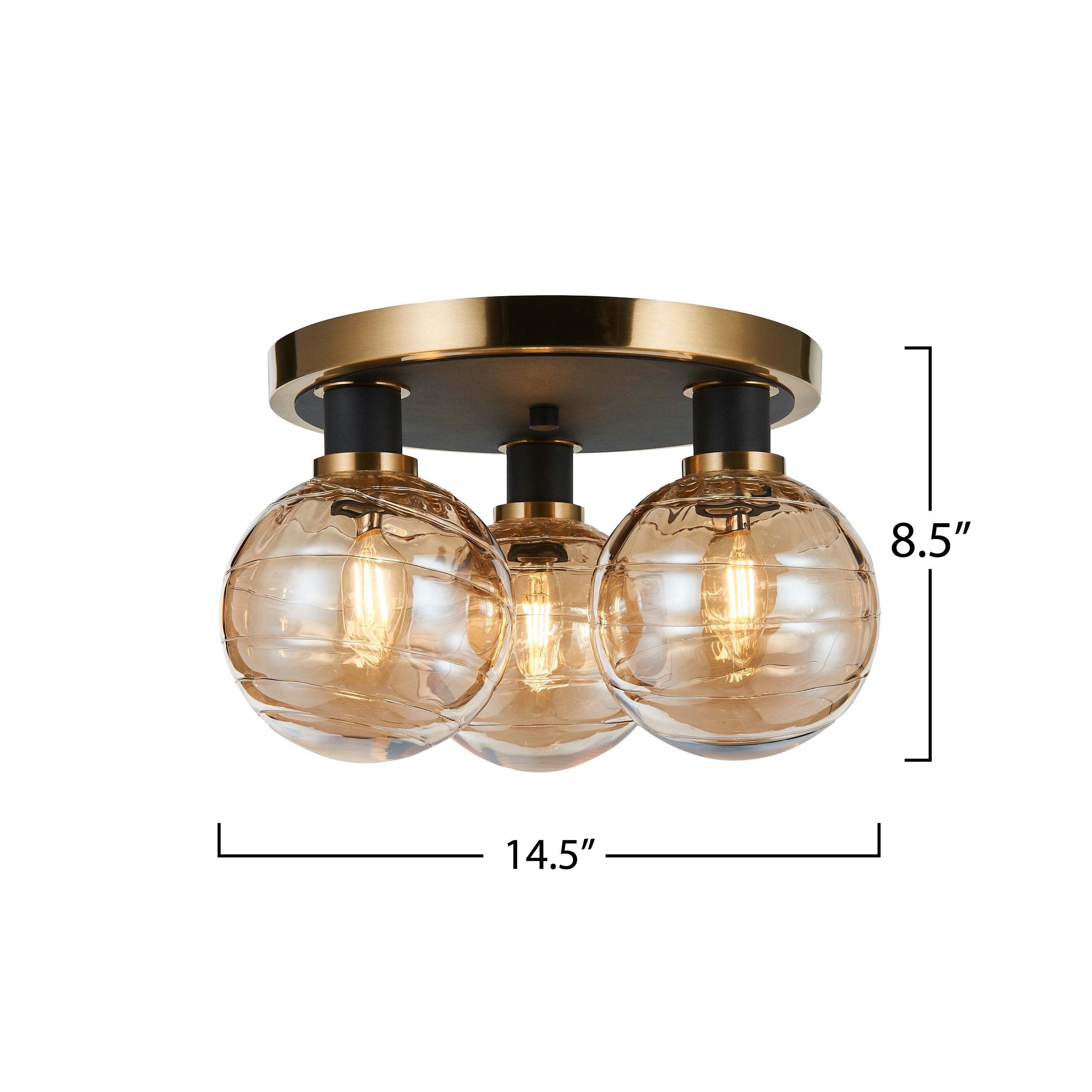 Gem Collection 3-Light Semi-Flush Mount with Amber Glass Black and Brushed Brass