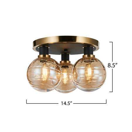 Gem Collection 3-Light Semi-Flush Mount with Amber Glass Black and Brushed Brass