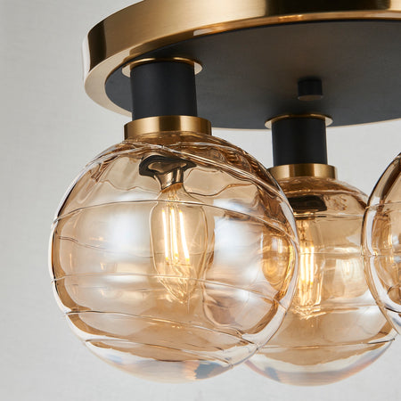 Gem Collection 3-Light Semi-Flush Mount with Amber Glass Black and Brushed Brass