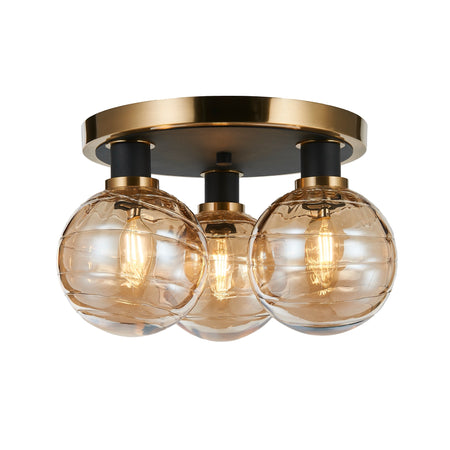 Gem Collection 3-Light Semi-Flush Mount with Amber Glass Black and Brushed Brass