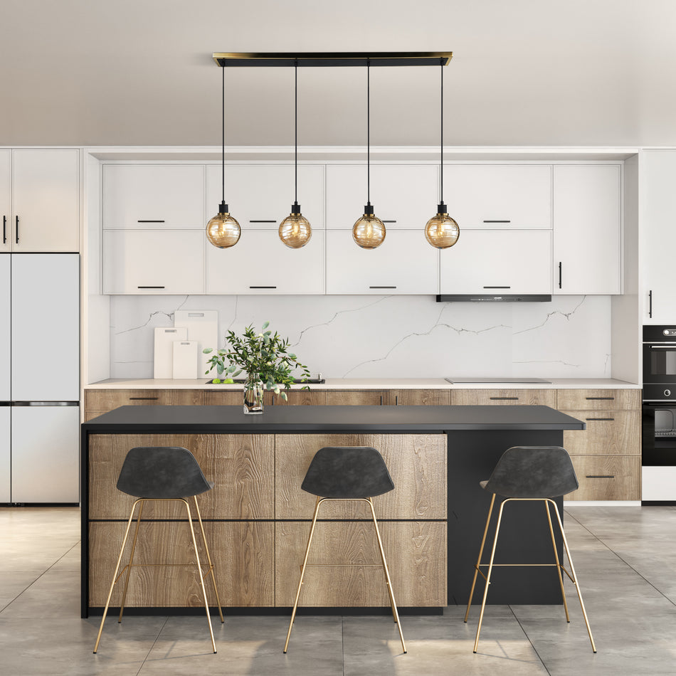 Gem Collection 4-Light Island/Pool Table with Amber Glass Black and Brushed Brass