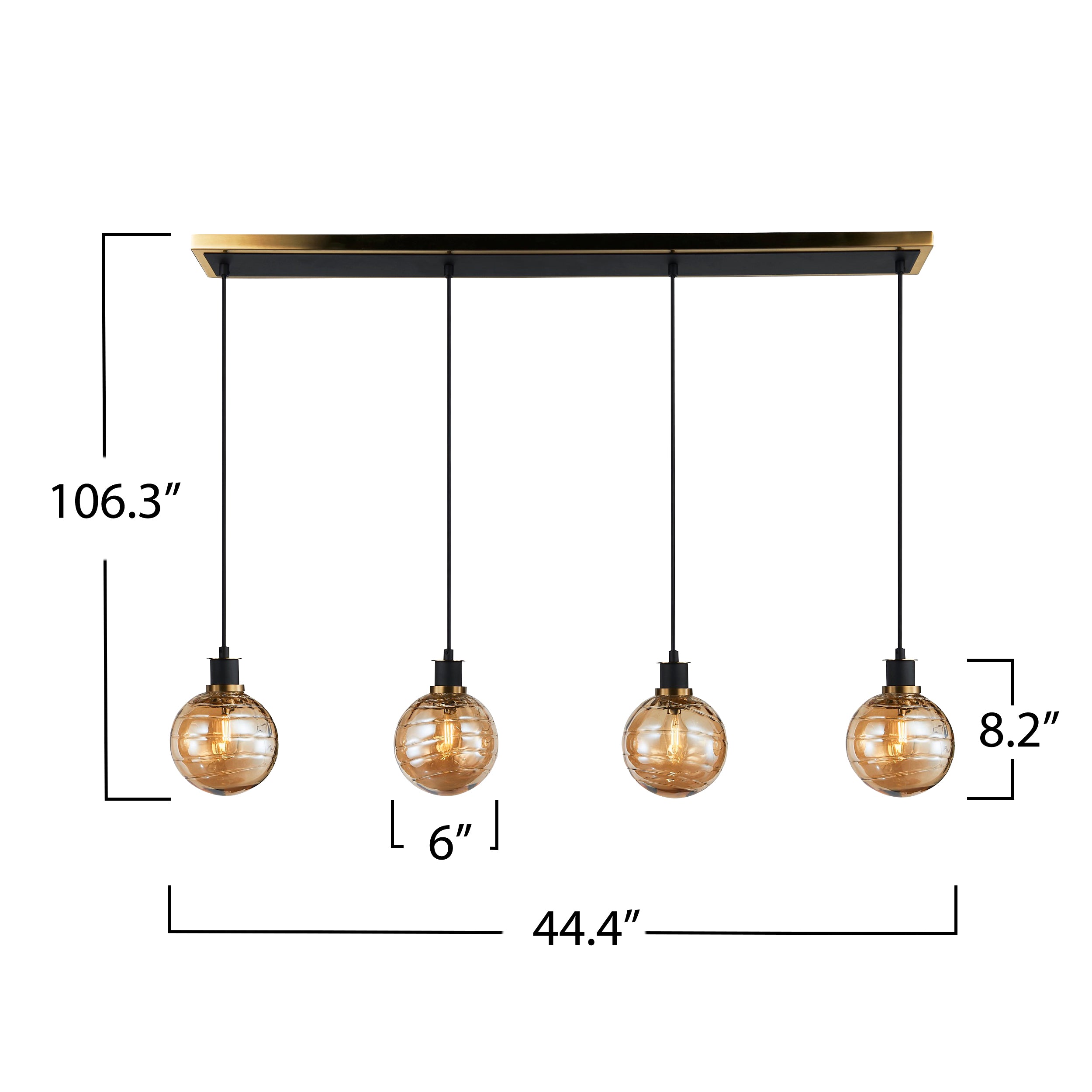 Gem Collection 4-Light Island/Pool Table with Amber Glass Black and Brushed Brass