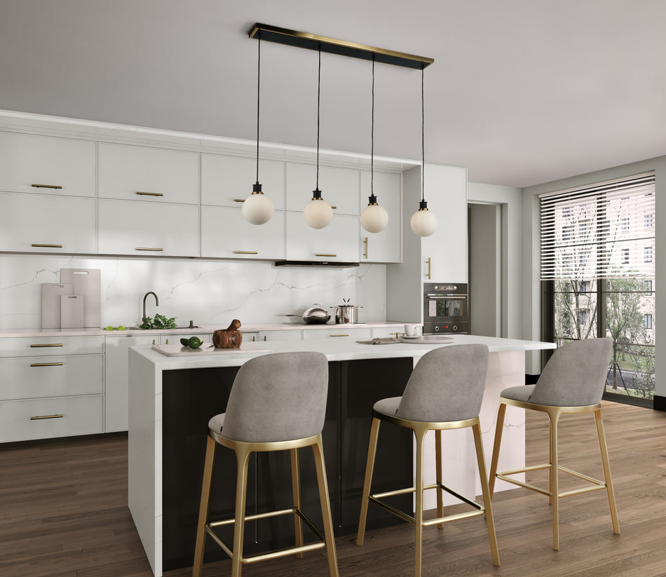 Gem Collection 4-Light Island/Pool Table with White Glass Black and Brushed Brass