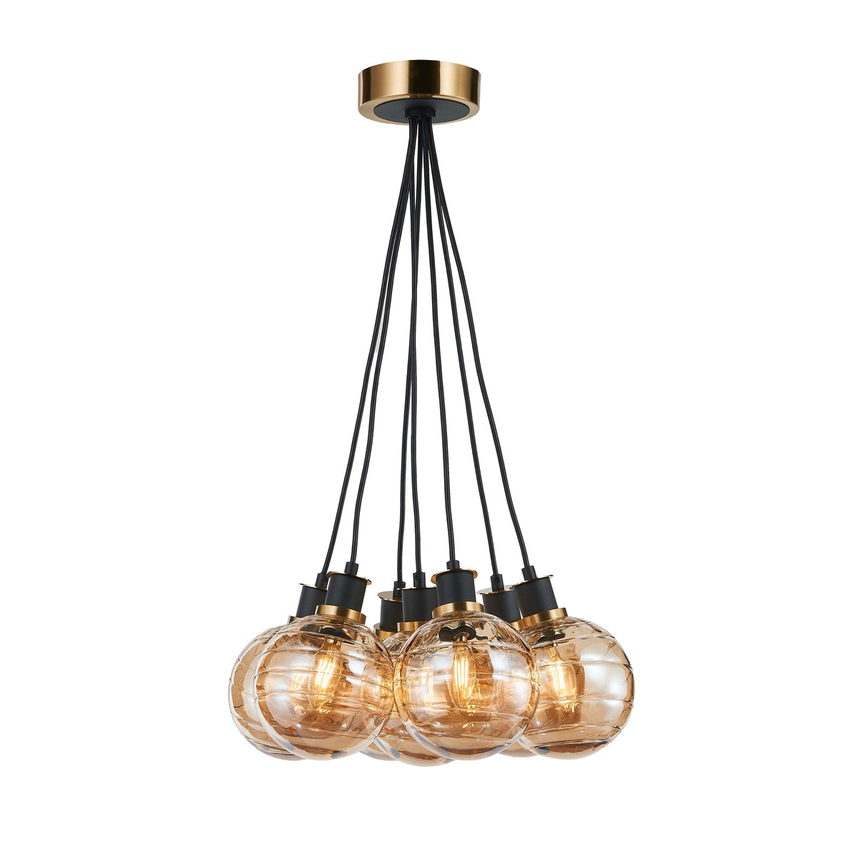 Gem Collection 7-Light Pendant with Amber Glass Black and Brushed Brass