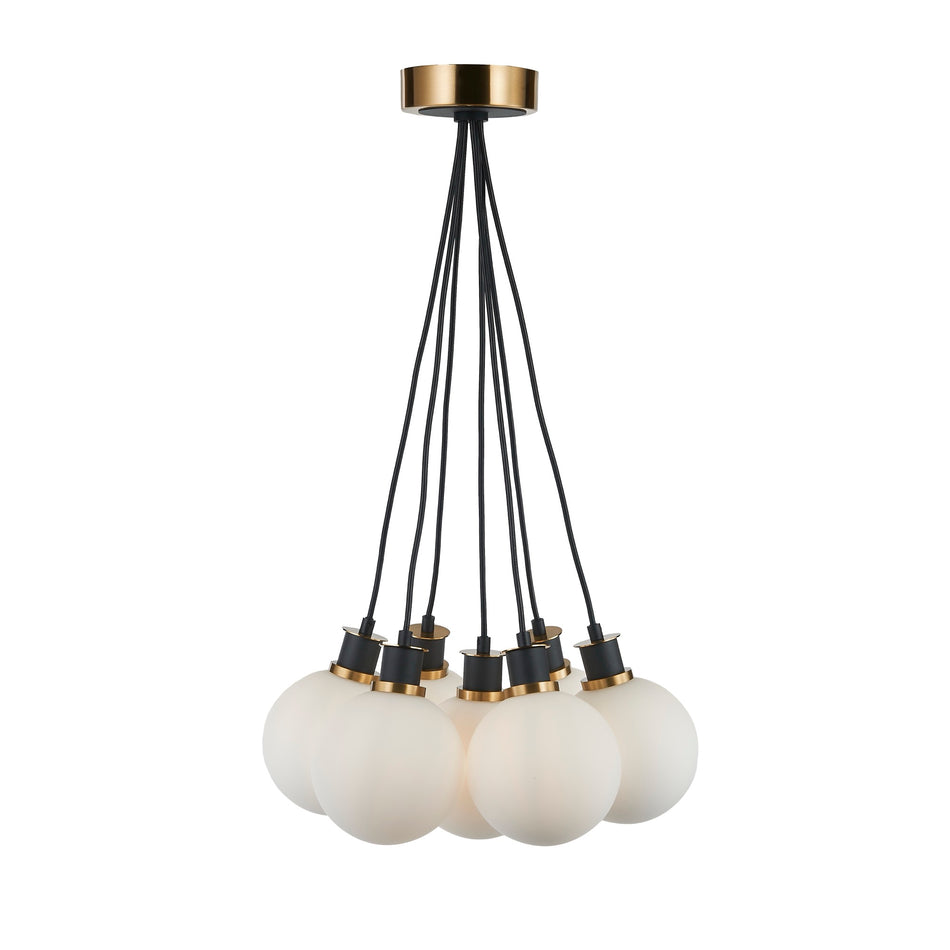 Gem Collection 7-Light Pendant with White Glass Black and Brushed Brass