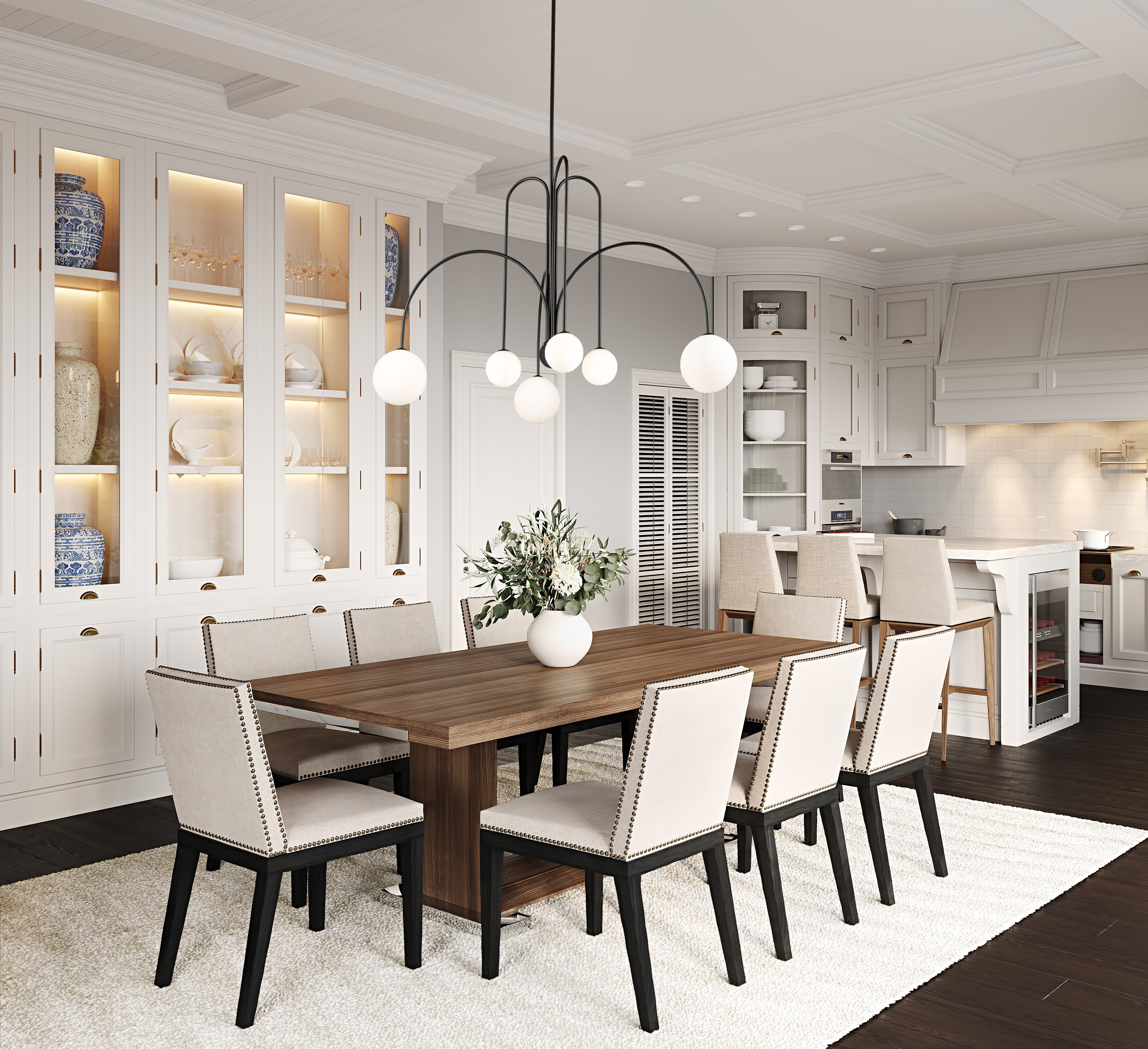Comet 6 Light Chandelier in Matte Black and spherical white glassware