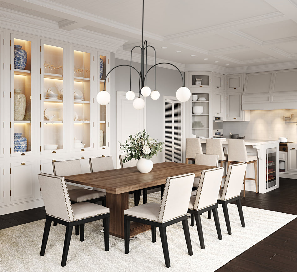 Comet 6 Light Chandelier in Matte Black and spherical white glassware