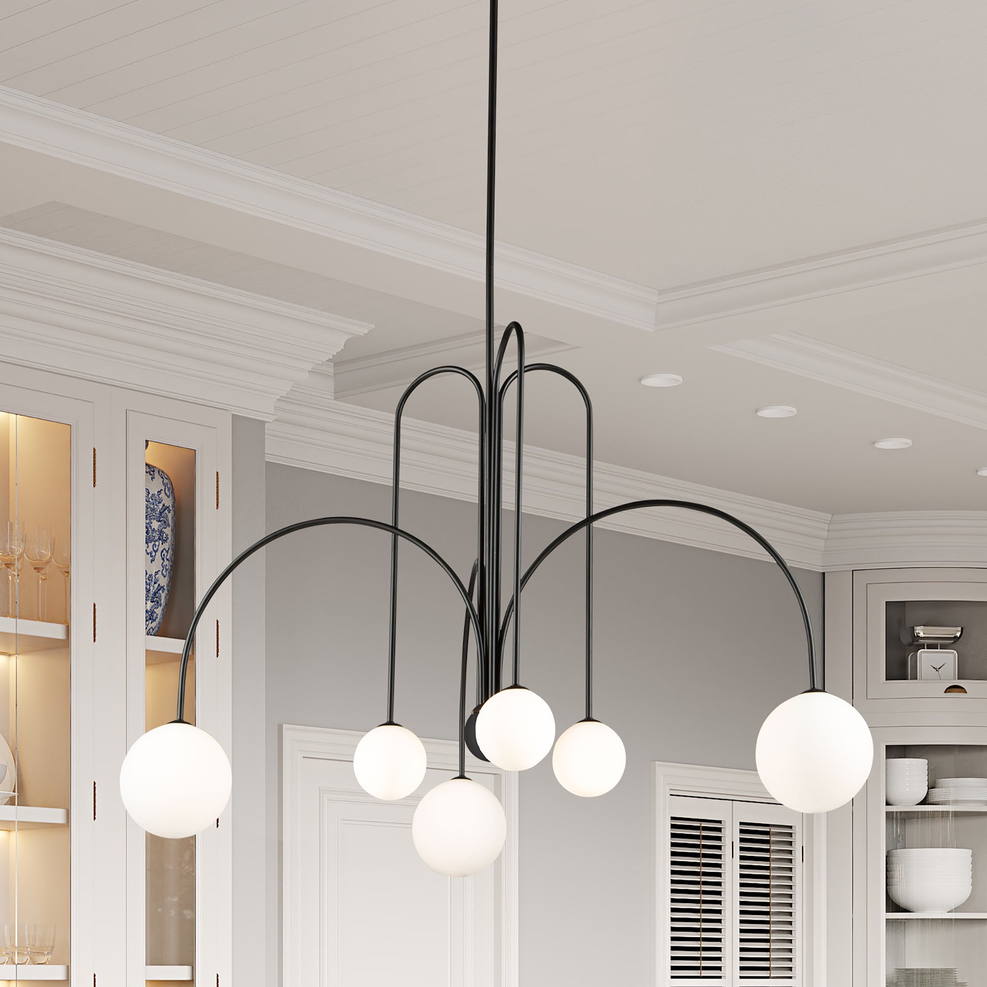 Comet 6 Light Chandelier in Matte Black and spherical white glassware