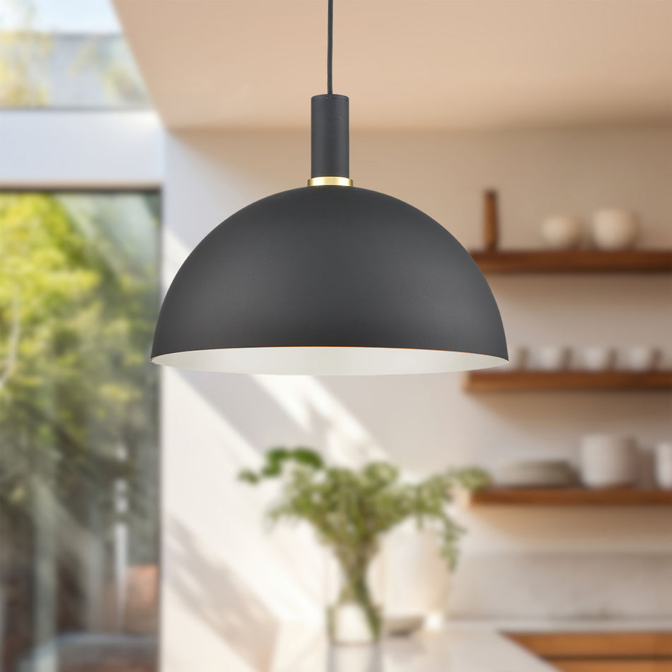 Archibald 16-in Black With Gold Detail 1 Light Pendant by KUZCO