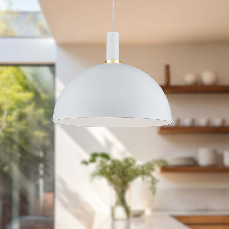 Archibald 16-in White With Gold Detail 1 Light Pendant by KUZCO