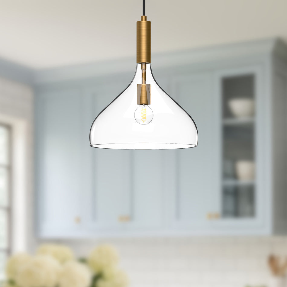 Belleview 12-in Aged Gold/Clear Glass 1 Light Pendant by ALORA MOOD