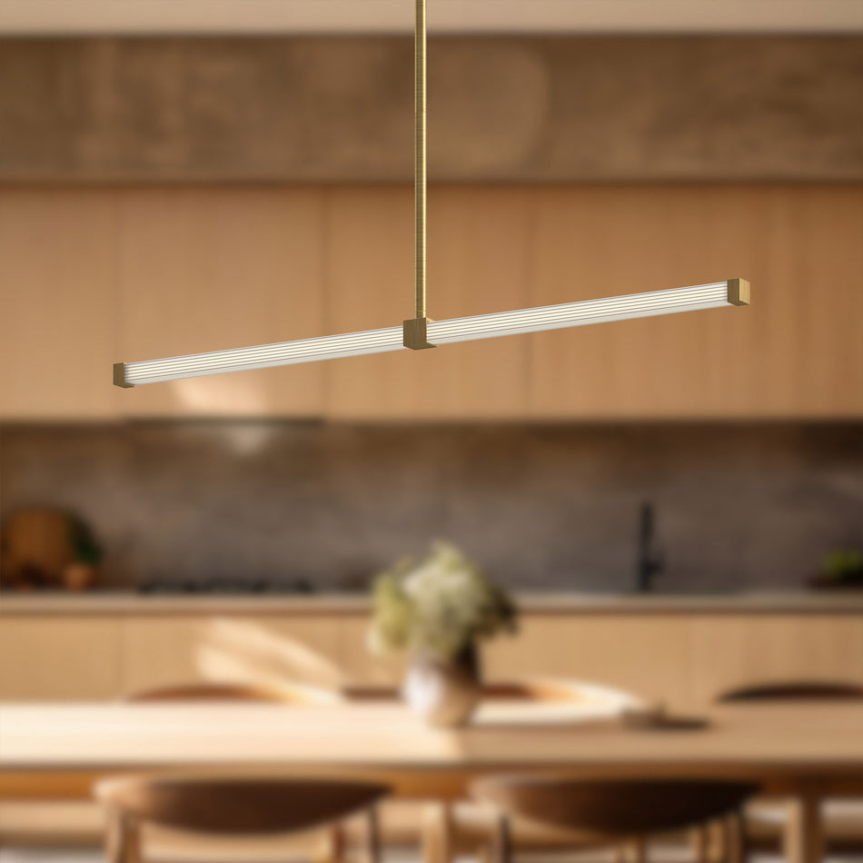 Blade 32-in Brushed Gold LED Linear Pendant by KUZCO