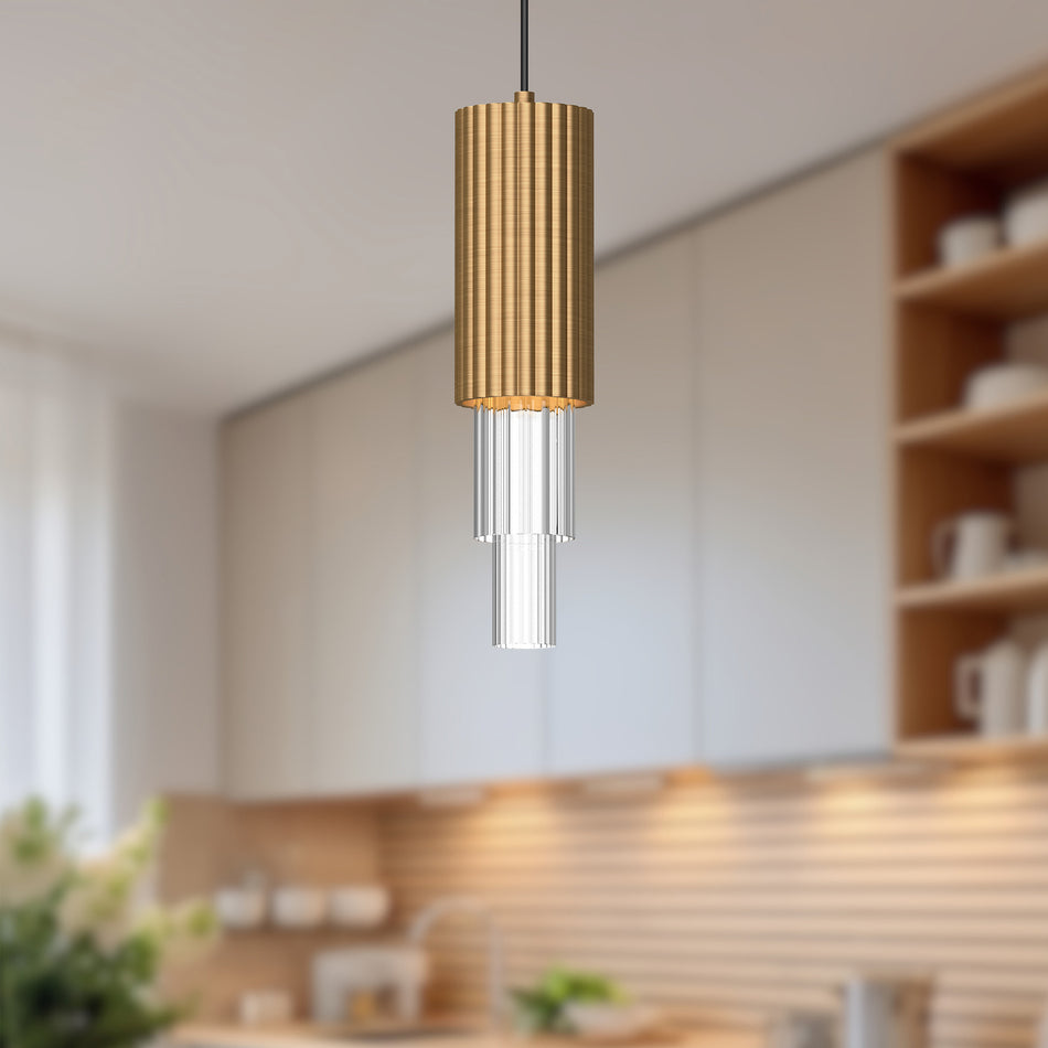Bordeaux 4-in Aged Gold/Clear Ribbed Glass LED Pendant by ALORA MOOD