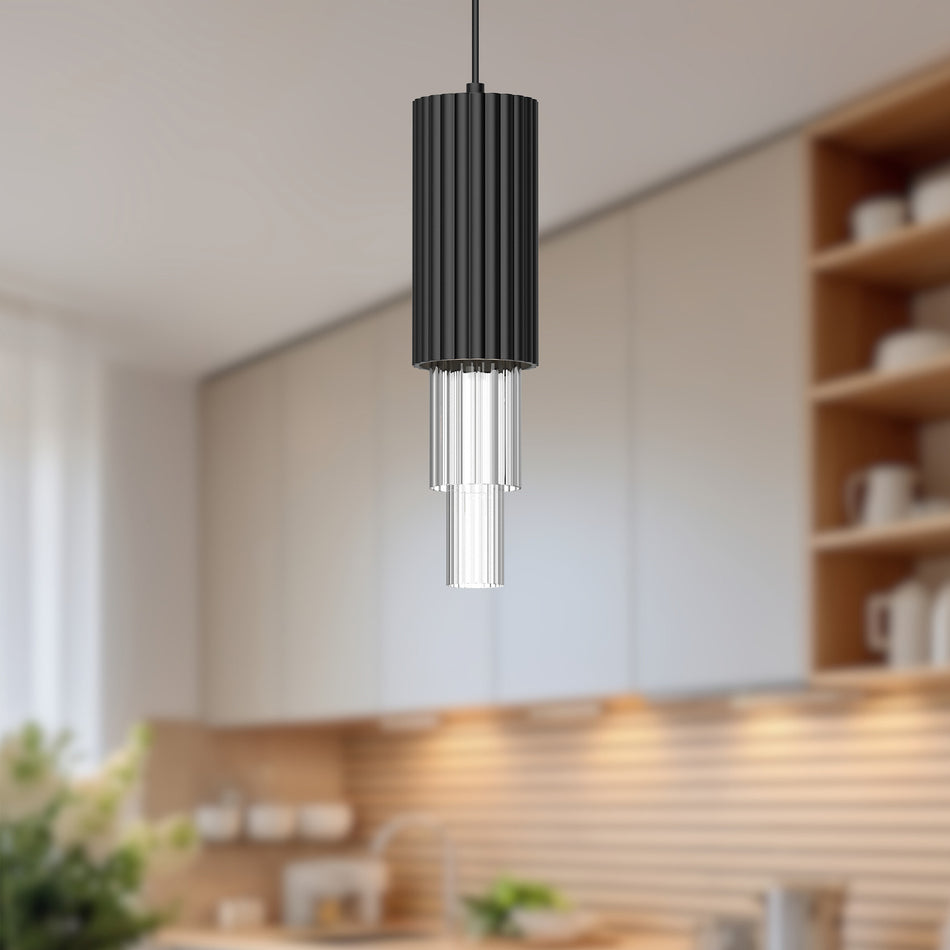 Bordeaux 4-in Clear Ribbed Glass/Matte Black LED Pendant by ALORA MOOD