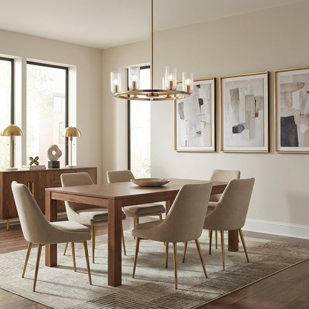 6 light Westlock family with clear ribbed glass and classic tumbler shape in Aged Gold Brass by Matteo