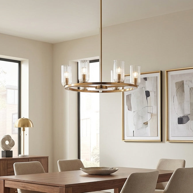 6 light Westlock family with clear ribbed glass and classic tumbler shape in Aged Gold Brass by Matteo